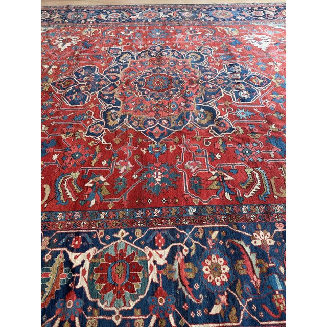 Antique Persian Serapi Carpet Handmade Wool Oriental Rug, Red, Ivory, Light Blue For Sale In New York - Image 6 of 18