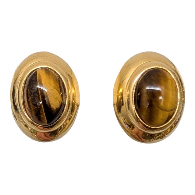 Vintage Signed Alexis Kirk Oval Goldtone Faux-Tiger's Eye Clip Earrings- 2 Pieces For Sale