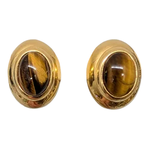Vintage Signed Alexis Kirk Oval Goldtone Faux-Tiger's Eye Clip Earrings- 2 Pieces