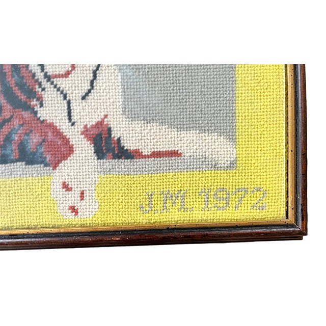 Traditional Large 1972 Framed Princeton Tiger Needlepoint on Gray Field With Yellow Border Initialed by Maker For Sale - Image 3 of 8
