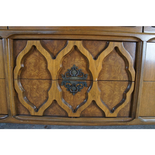 Mid Century Chinoiserie Walnut Burl Triple Dresser & Mirror Credenza Buffet MCM For Sale - Image 12 of 13