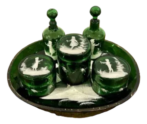 Victorian Green Dressing Table Set by Mary Gregory, 1860s, Set of 6