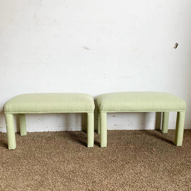 Add a touch of postmodern flair to your living space with this pair of Green Fabric Parsons Low Stools. Featuring a sleek...