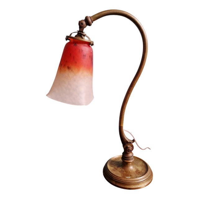 Art Deco Bronze Desk Lamp with Glass Shade by Charles Schneider, 1920s For Sale