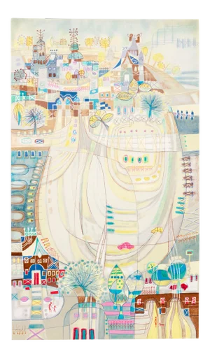 Heshi Yu, "The Town", Folk Art Landscape Print