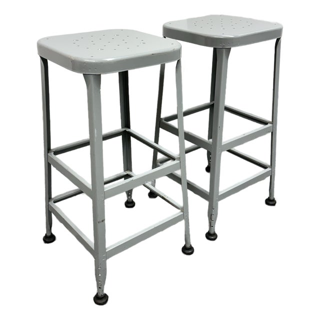 Vintage Industrial Gray Metal Bar Stools Lyon Workspace Model 1901, Pair For Sale
