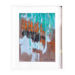 Veiled Horizon. III White Framed Surreal Vibrant Orange/Green Painting For Sale