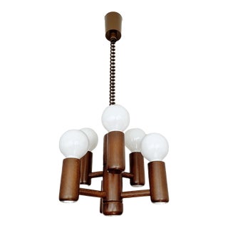 60's Danish Domus Style 6-Arm Wood Chandelier, Vintage Pulley Lamp by German-Swiss Temde For Sale