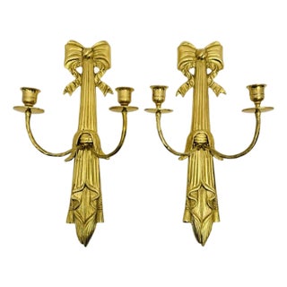 VTG Solid Brass 16.5” Tall Tassel & Bow Wall Sconces Double Arm (Pair). For Sale