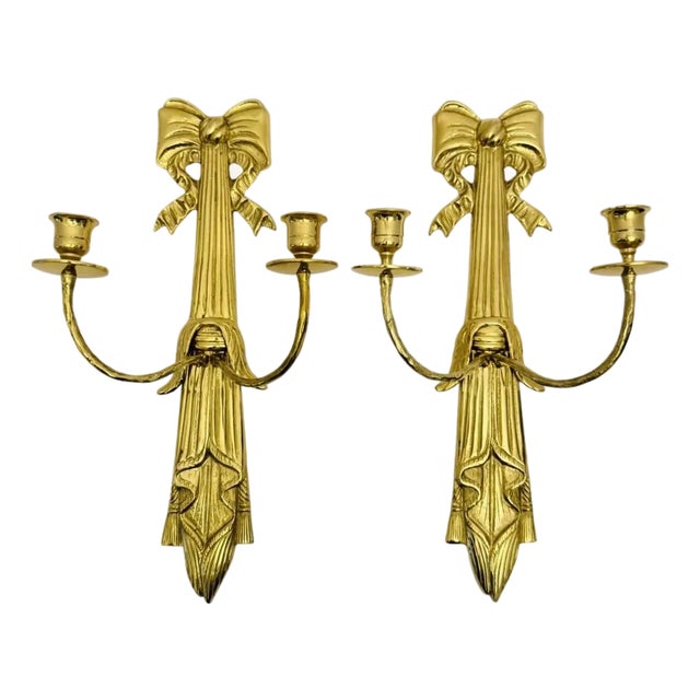VTG Solid Brass 16.5” Tall Tassel & Bow Wall Sconces Double Arm (Pair). For Sale