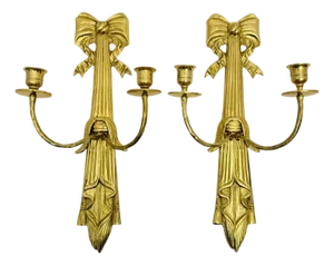 VTG Solid Brass 16.5” Tall Tassel & Bow Wall Sconces Double Arm (Pair).
