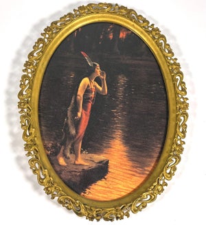 Early 20th Century Art Nouveau Native American Maiden Lithograph - Gilt Oval Frame