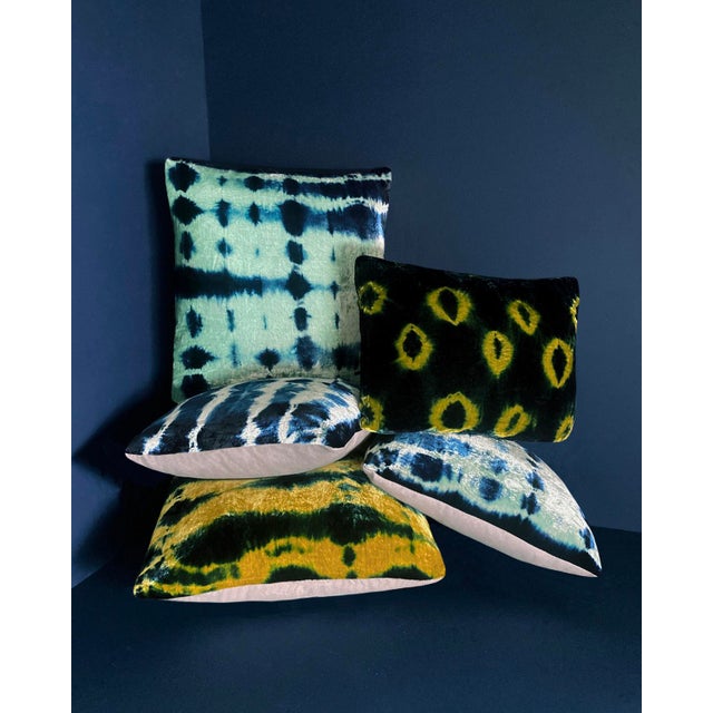 Jade velvet cushion dyed with indigo in Ripple pattern with grey linen backing. Sustainably hand-dyed and sewn in New York...