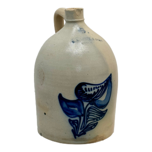Antique Mid 1800s American New York Stoneware 2 Gallon Jug With Stunning Cobalt Blue Hand Decorated Flower