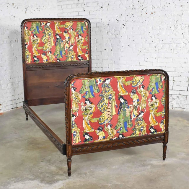 Antique French Carved Walnut and Upholstered Twin Bed With Asian Figural Fabric For Sale - Image 12 of 12