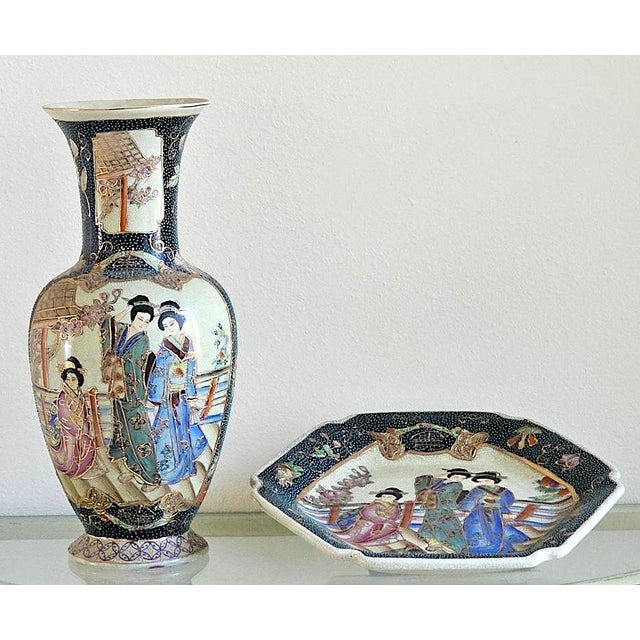 Japanese Vintage Japanese Royal Satsuma Hand-Painted Vase & Octagonal Plate – Set of 2 For Sale - Image 3 of 18