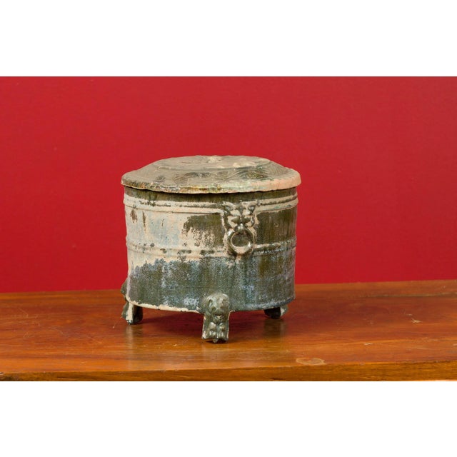 202 BC Chinese Han Dynasty Glazed Terracotta Lidded Vessel with Feet For Sale - Image 12 of 13