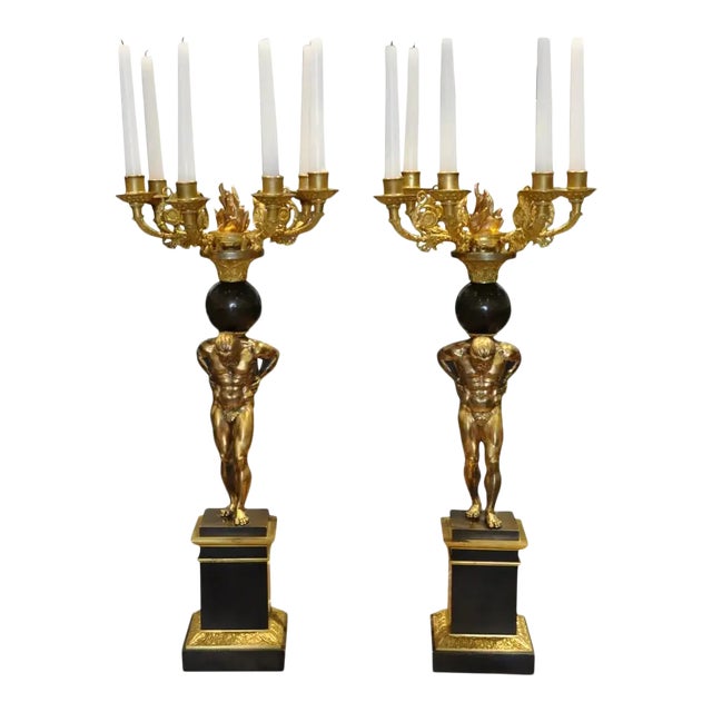 Pair of Regency Gilt and Patinated Bronze Atlas Figural Candelabra For Sale