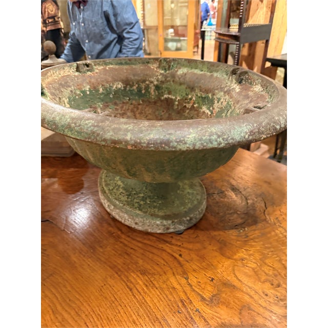 Traditional Antique Cast Iron Garden Urn With Aged Patina-Green For Sale - Image 3 of 3