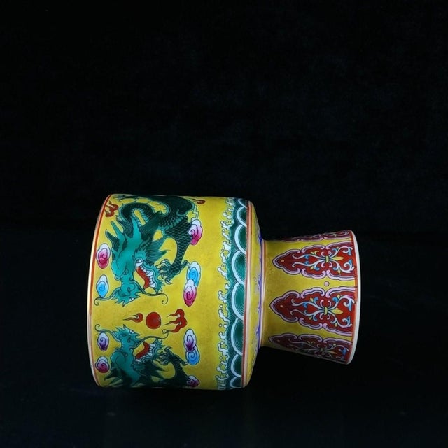 Vintage Yellow Ground Famille Rose Stem Cup With Green Dragons For Sale In Los Angeles - Image 6 of 9