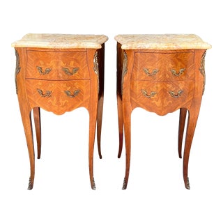 Pair of Louis XVI Style Marquetry Inlaid Sienna Marble Top Nightstands For Sale