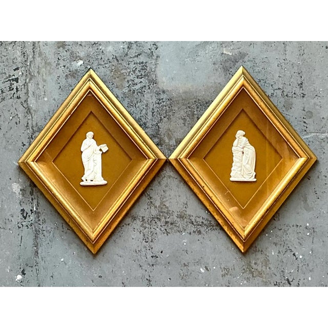 Wood Vintage Gilt Framed Porcelain Reliefs - Set of Two For Sale - Image 7 of 12