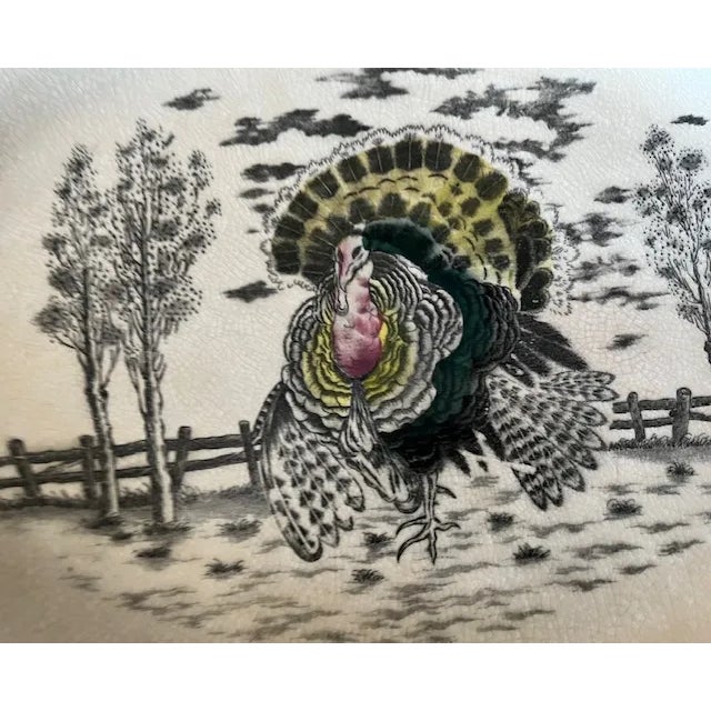 1950's oval 19" x 14 1/2" ironstone hand decorated turkey platter by NSP. The black and white transferware platter is hand...