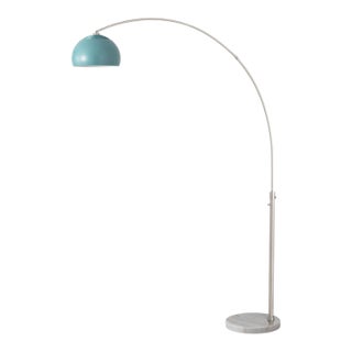 1960s Half Dome Morelli Floor Lamp - 92" Mid Century Modern Arc Lamp, Satin Nickel Finish, White Marble Base, Pool Blue Shade, Dimmable For Sale
