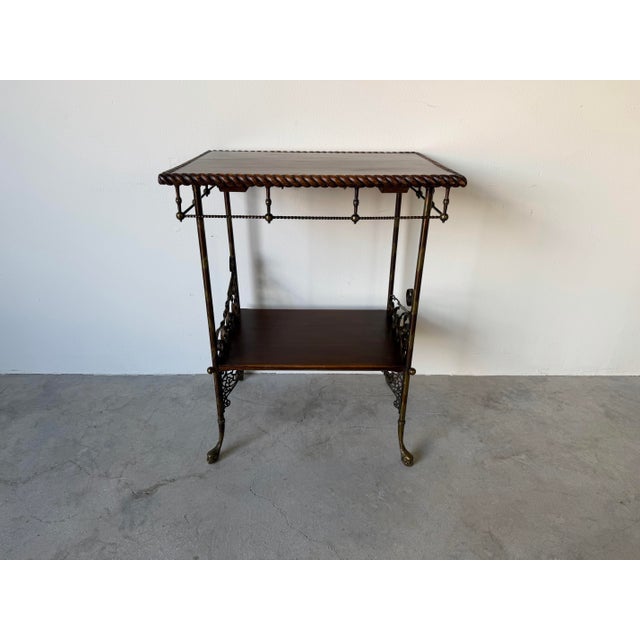 Victorian Antique Victorian Oak Wood and Brass Two-Tier Accent Table With Twisted Gallery For Sale - Image 3 of 12