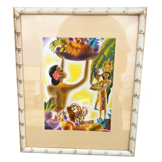 Frank Macintosh "Fruit Harvest" & "Hawaii the Luau" Prints in Bamboo Framed Pair For Sale - Image 4 of 7