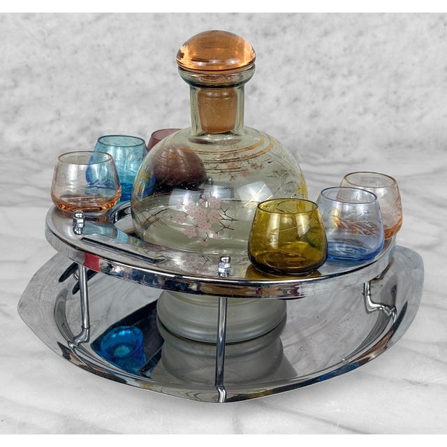 Mid-Century Glass Cherry Blossom Liquor Decanter Serving Set & Etched Shot Glass For Sale - Image 6 of 10