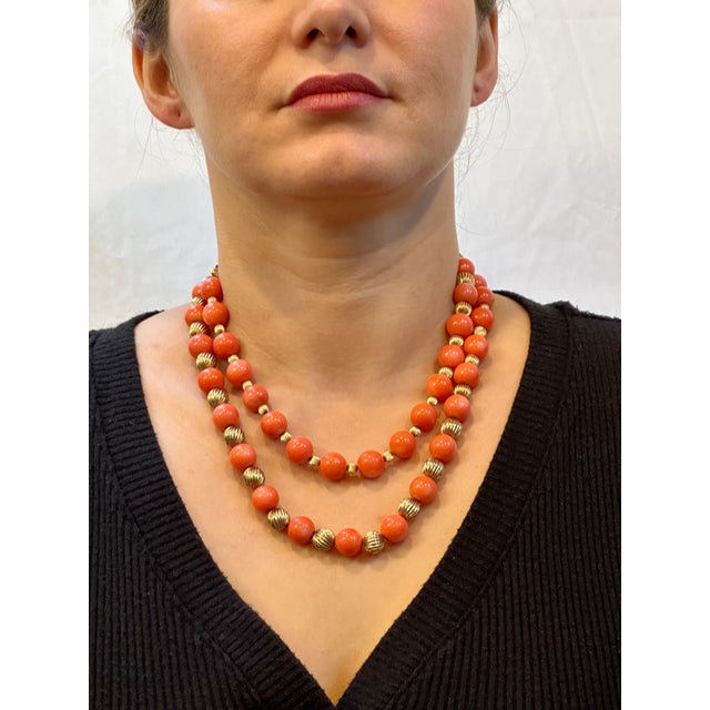 Signed Tiffany & Co. Vintage Natural Coral & Yellow Gold Bead Necklace, 38" Long For Sale - Image 13 of 18