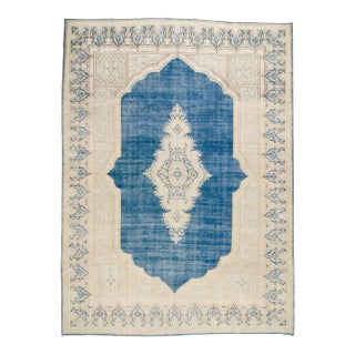 1940s Medallion Blue Beige Floral Distressed Rug Hand Knotted Wool Area Rug 1940s - 9'6” x 13'1" For Sale