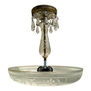 Vintage 1920s Brass, Glass and Crystal Four Light Ceiling Fixture For Sale