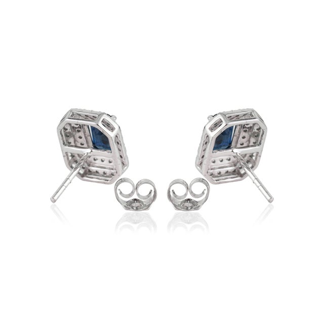 1.46ct Blue Sapphire & Diamond Double Halo Art Deco Earrings in 14k Gold- A Pair For Sale - Image 10 of 16