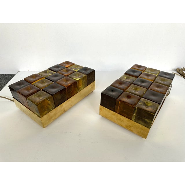Contemporary Pair of Brass and Murano Glass Cube Marquetry Lamps, Italy For Sale - Image 9 of 12
