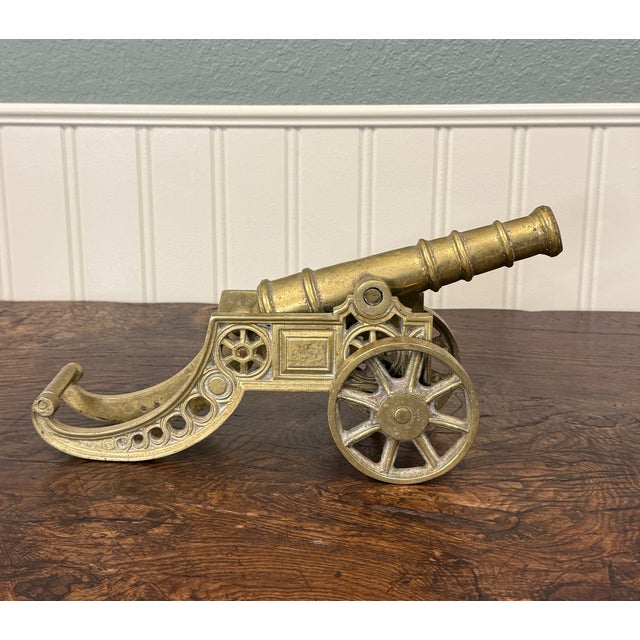 ~~EXCELLENT Vintage English Brass Model Cannon and Carriage~~ Beautiful decorative brass cannon with elevated barrel,...