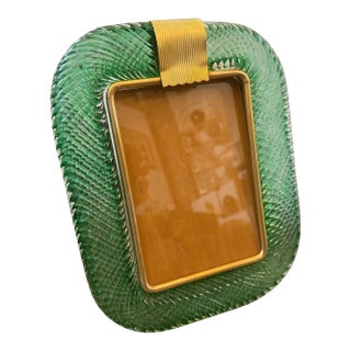 A Barovier Style Art Deco Green Murano Glass and Brass Italian Picture Frame For Sale