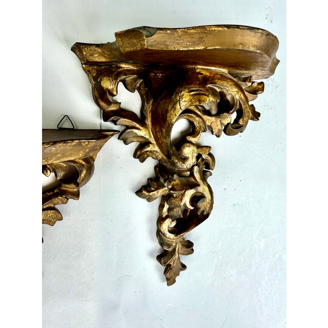 Early 20th Century Pair Rococo Carved Giltwood Wall Brackets With Acanthus Scrolls, Italy Early 20th Century For Sale - Image 5 of 18