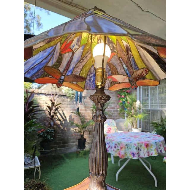 Glass Vintage Tiffany Style Dragonfly Table Lamp For Sale - Image 7 of 12