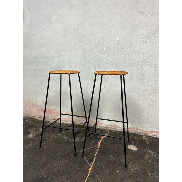 Mid-Century Modern Pair of Mid-Century Modern Woven Rattan and Black Iron Bar Stools For Sale - Image 3 of 6