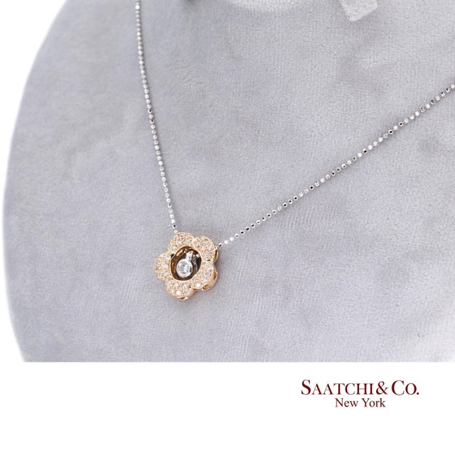 18k 750 Two Tone Rose and White Gold Natural Diamond Flower Pendant With Chain For Sale In New York - Image 6 of 8