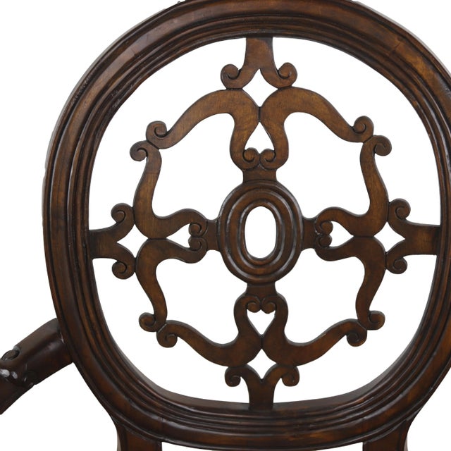 Brown Pair of Vintage Carved Wood & Upholstered Armchairs For Sale - Image 8 of 10