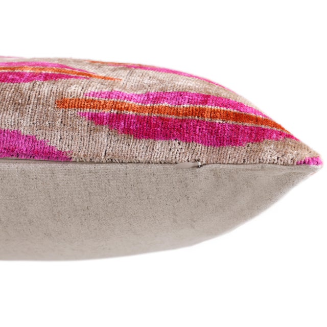 Hand-Knotted Silk Velvet Ikat Lumbar Pillow - 16x24 Fuchsia & Saffron For Sale In San Francisco - Image 6 of 7