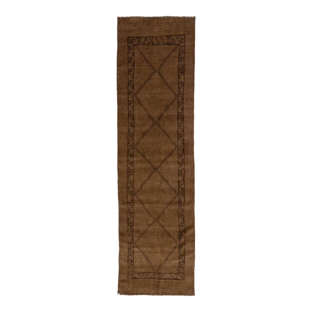 Modern Moroccan Style Brown Handmade Tribal Designed Wool Runner For Sale