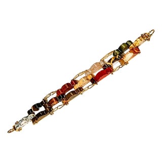 Mid 20th Century 18k Yellow Gold Hand Carved Multi Colored Agate Designer Bracelet For Sale