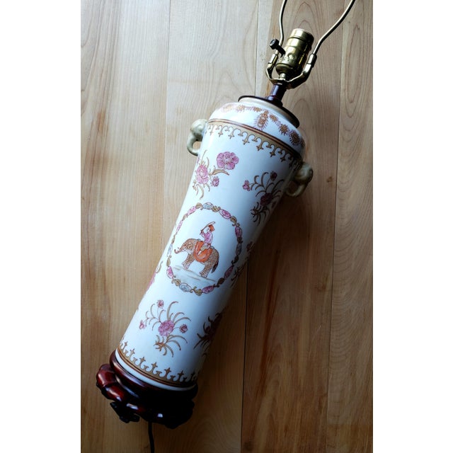 Chinoiserie Rare Vintage Chinese Export Famille Rose Lamp - Elephant & Mahout Motif For Sale - Image 3 of 12