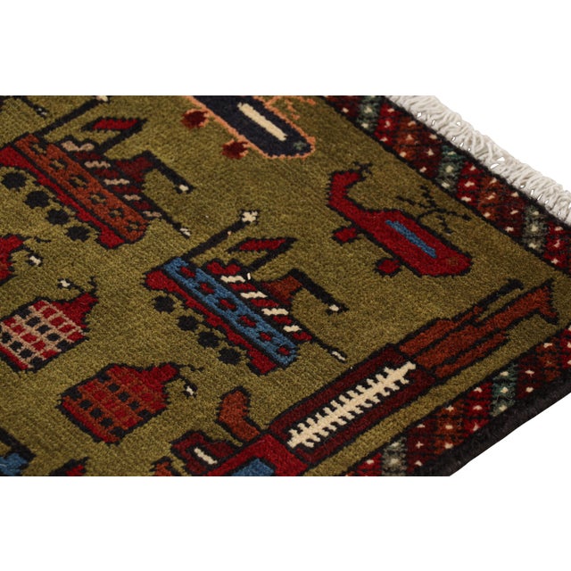 Rug & Kilim’s Modern Tribal Rug in Green With Helicopters and Tank Pictorials For Sale In New York - Image 6 of 7