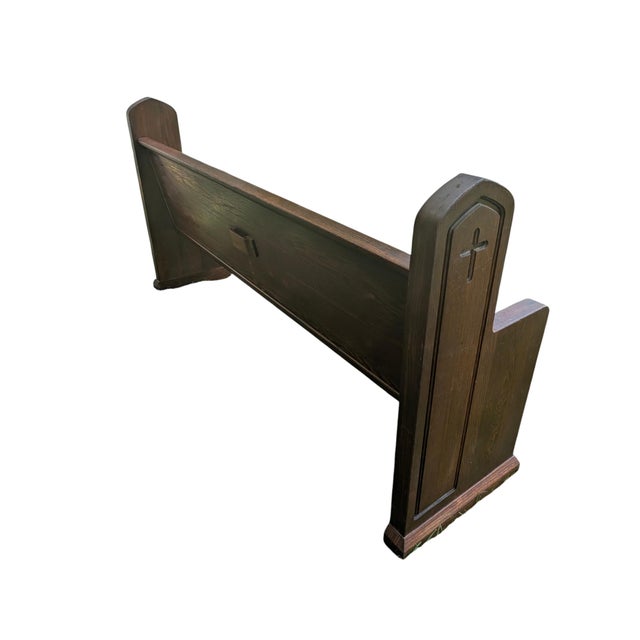 Mid 20th Century Mid 20th Century Carved Solid Oak Church Pew Bench With Cross Details – 75" For Sale - Image 5 of 17