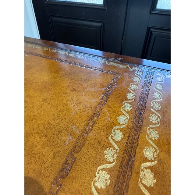 1980s Maitland-Smith Carved Mahogany Leather Top Writing Desk For Sale - Image 16 of 16